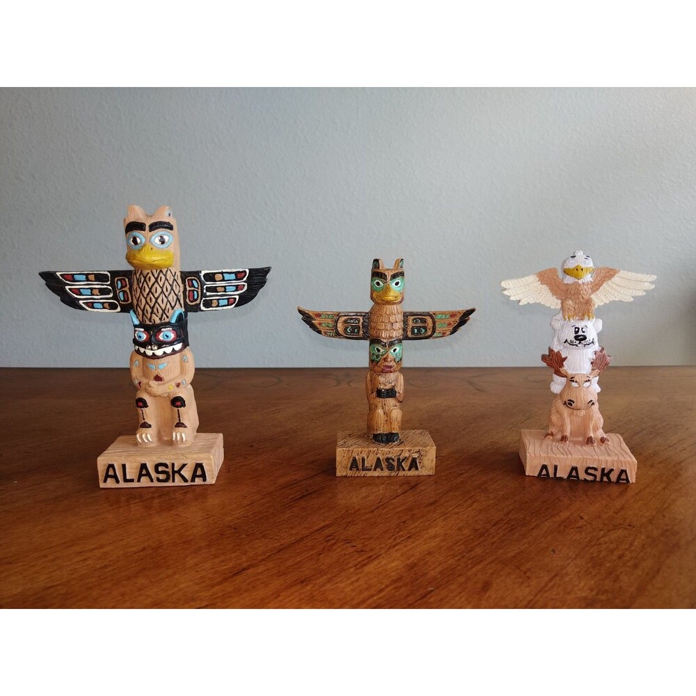 Lot Of 3 Vintage Totem Clan Pole Souvenir Alaska Eagle Bear Moose Resin 5.75"